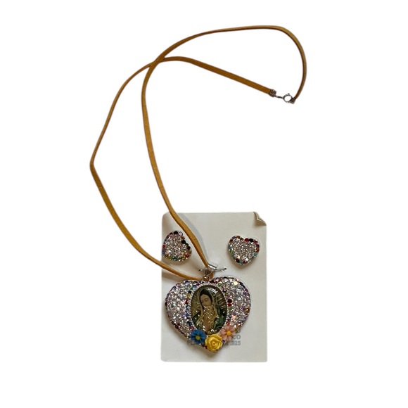 Our lady Guadalupe 925 sterling silver heart rhinestone pendant and earrings - Picture 3 of 17